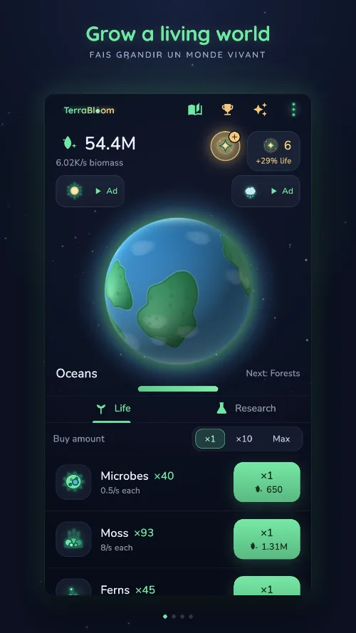 TerraBloom — la planète Terra : la biomasse s’accumule, et chaque forme de vie posée finance la suivante